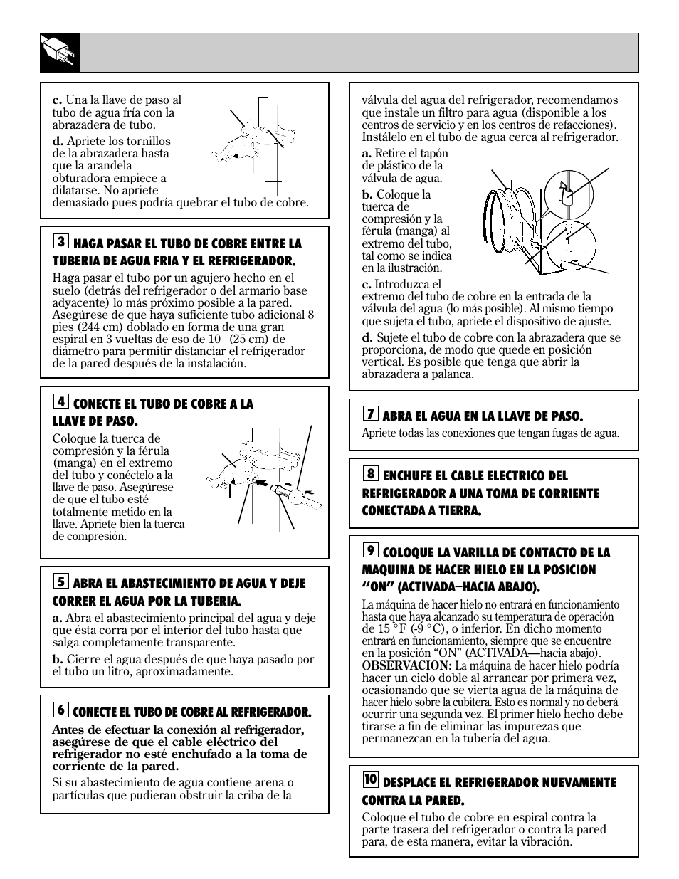 Instalacion de la tuberia del agua, Conecte el tubo de cobre a la llave de paso, 5conecte el tubo de cobre al refrigerador | Abra el agua en la llave de paso | LivinBox Storage Products Co. 24 User Manual | Page 80 / 92