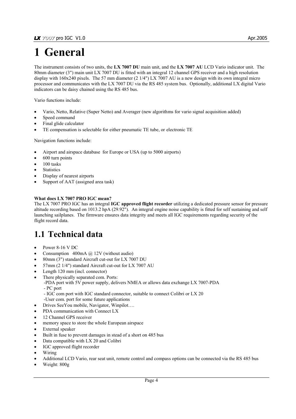 1 general, 1 technical data | LXI LX7007 User Manual | Page 4 / 72