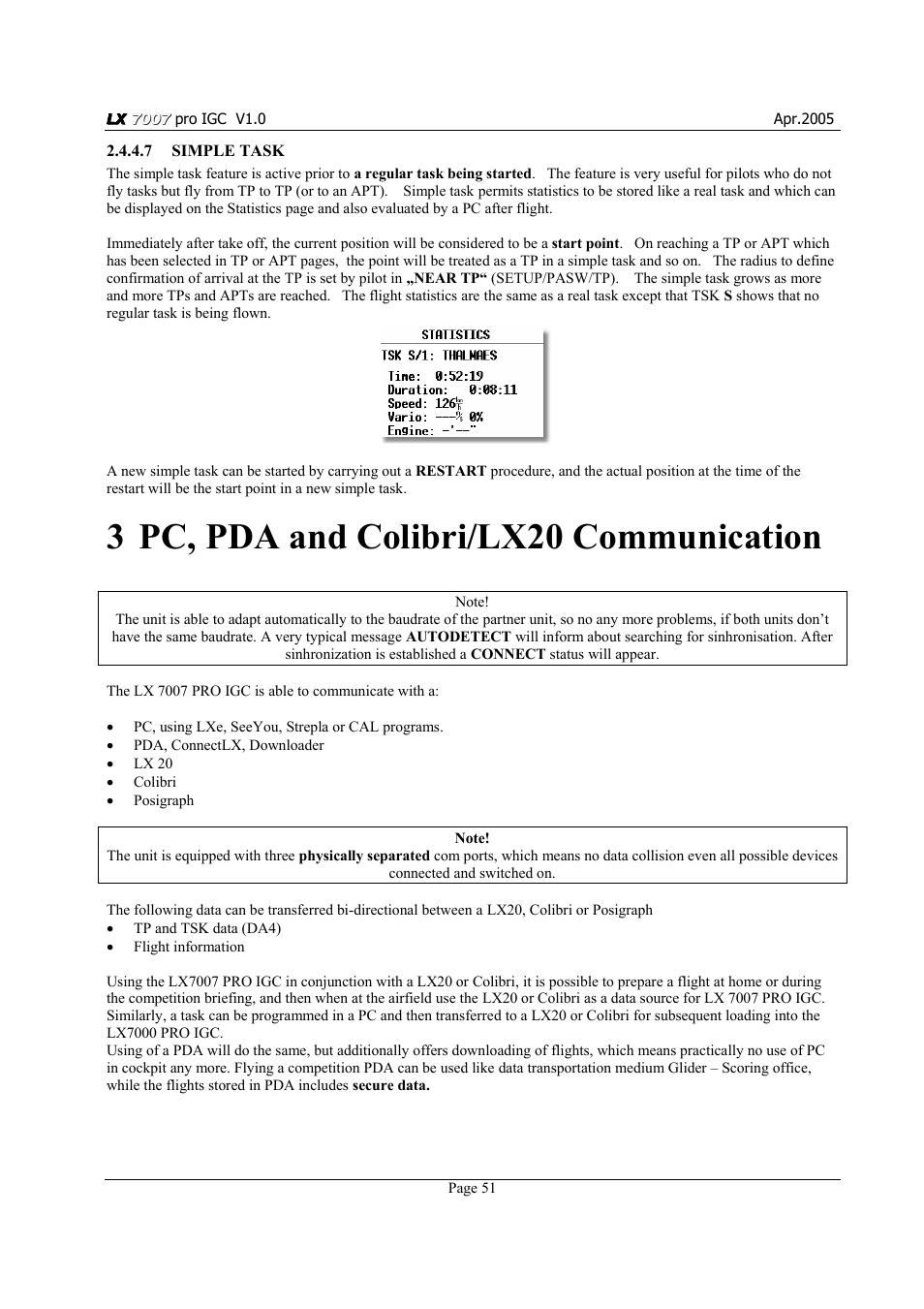 3 pc, pda and colibri/lx20 communication | LXI LX7007 User Manual | Page 51 / 72