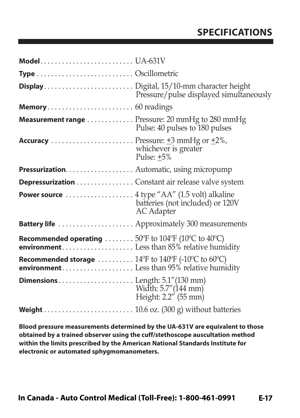 Specifications | LifeSource Easy OnE stEp Blood Pressure Monitor UA-631V User Manual | Page 21 / 72