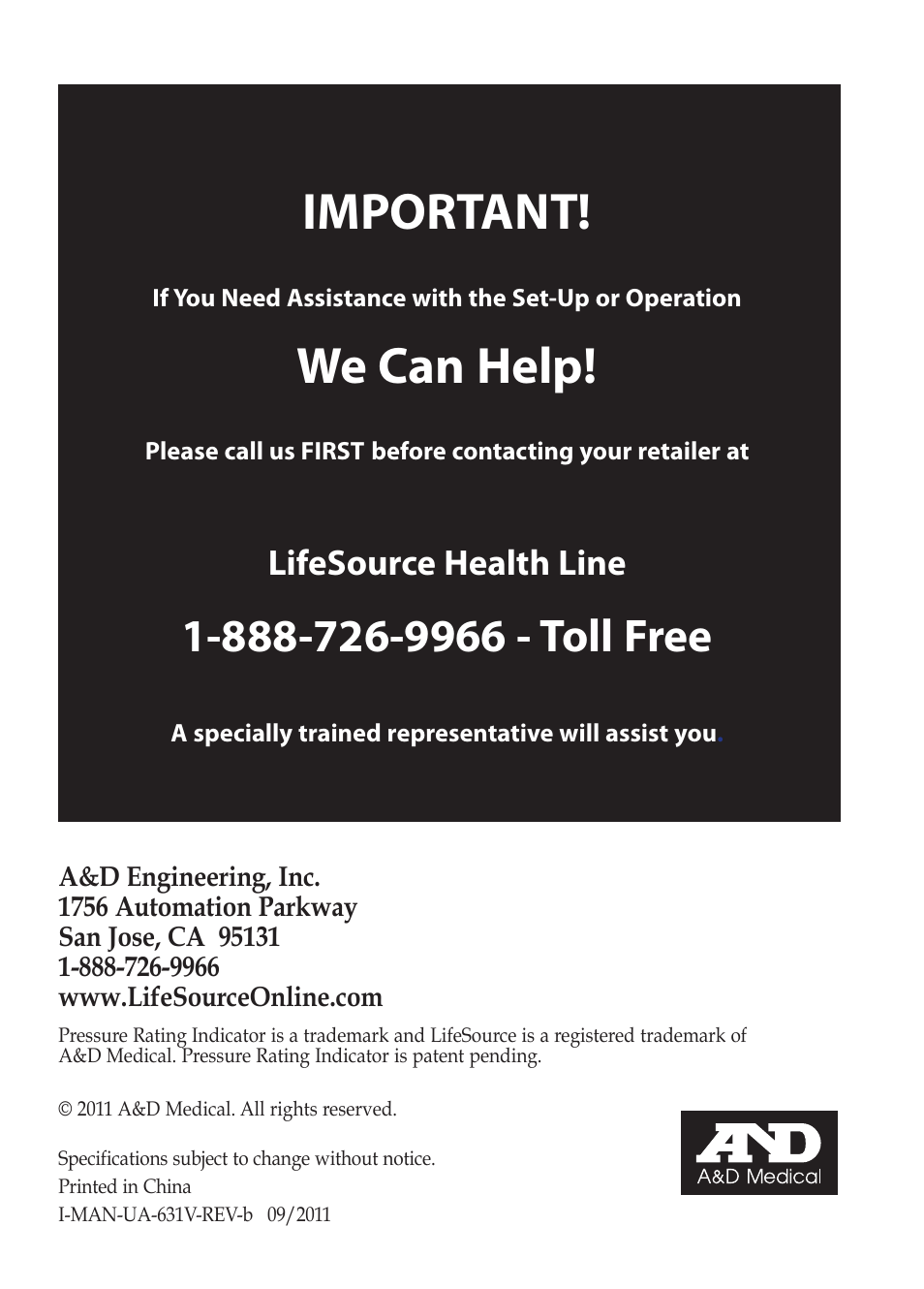 Important, We can help, Lifesource health line | LifeSource Easy OnE stEp Blood Pressure Monitor UA-631V User Manual | Page 23 / 72
