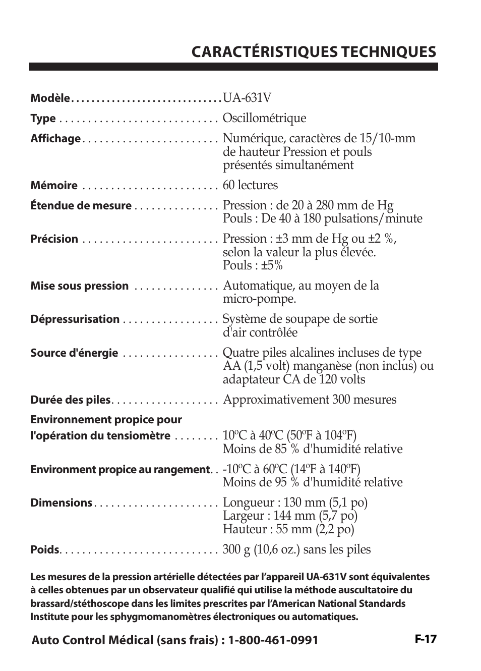 Caractéristiques techniques | LifeSource Easy OnE stEp Blood Pressure Monitor UA-631V User Manual | Page 45 / 72