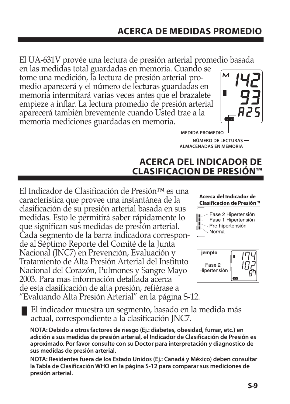 Acerca de medidas promedio, Acerca del indicador de clasificacion de presión | LifeSource Easy OnE stEp Blood Pressure Monitor UA-631V User Manual | Page 61 / 72