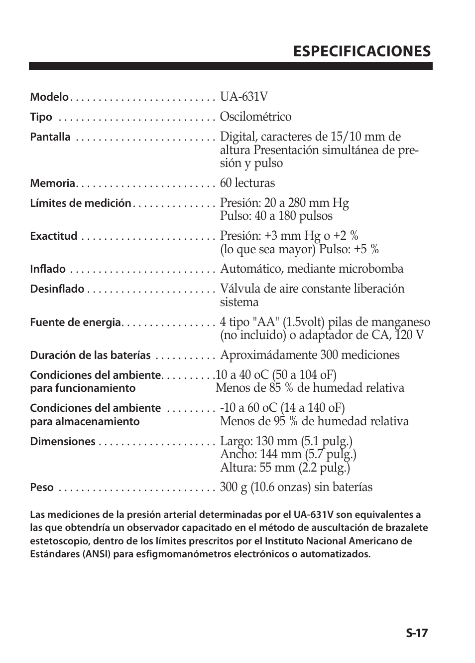 Especificaciones | LifeSource Easy OnE stEp Blood Pressure Monitor UA-631V User Manual | Page 69 / 72