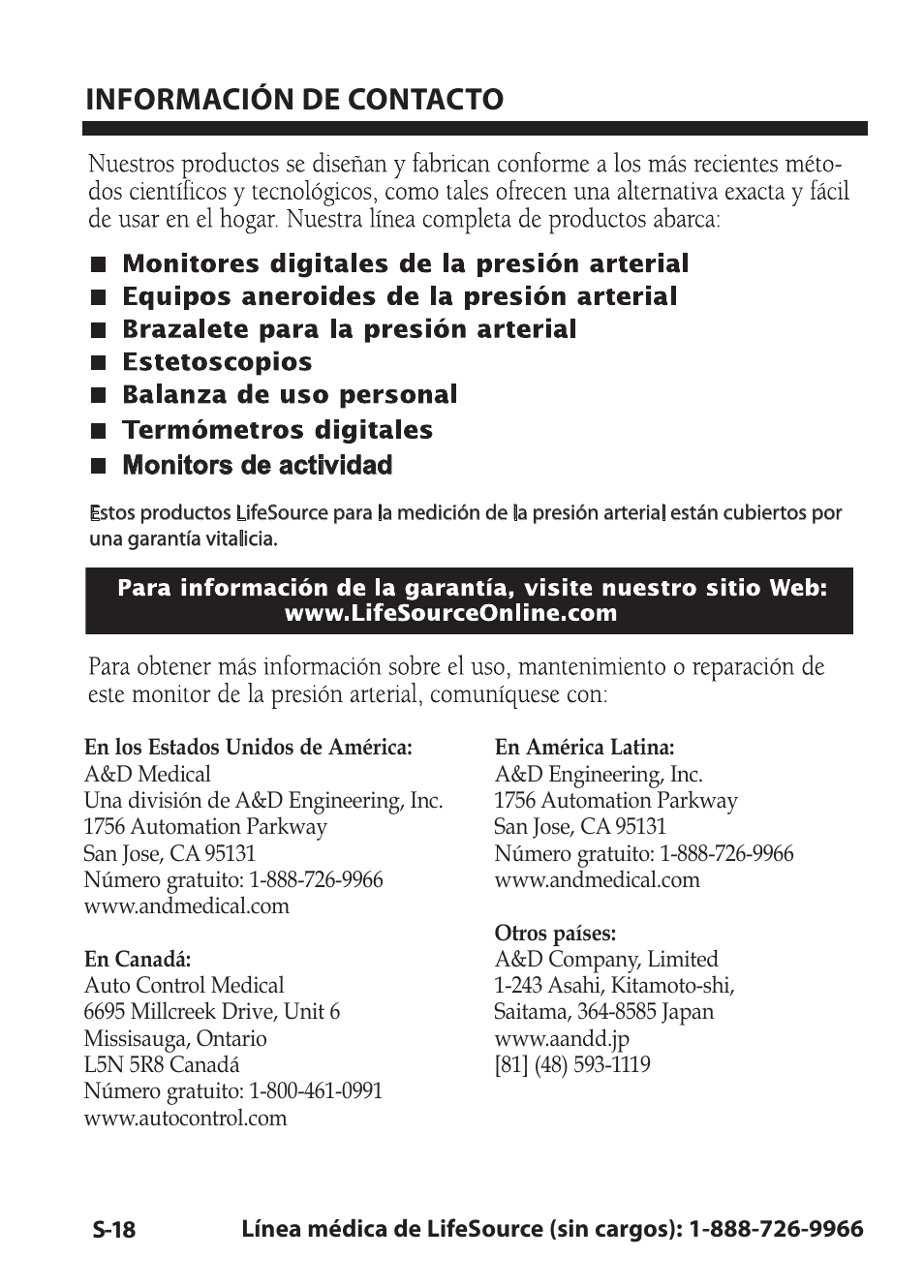 Información de contacto | LifeSource Easy OnE stEp Blood Pressure Monitor UA-631V User Manual | Page 70 / 72