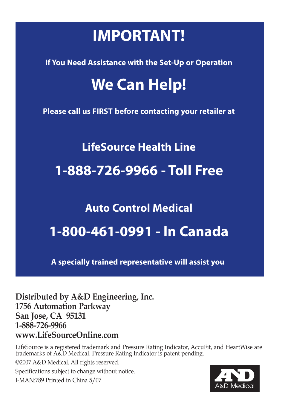 Important, We can help, Lifesource health line | Auto control medical | LifeSource UA-789 User Manual | Page 27 / 27