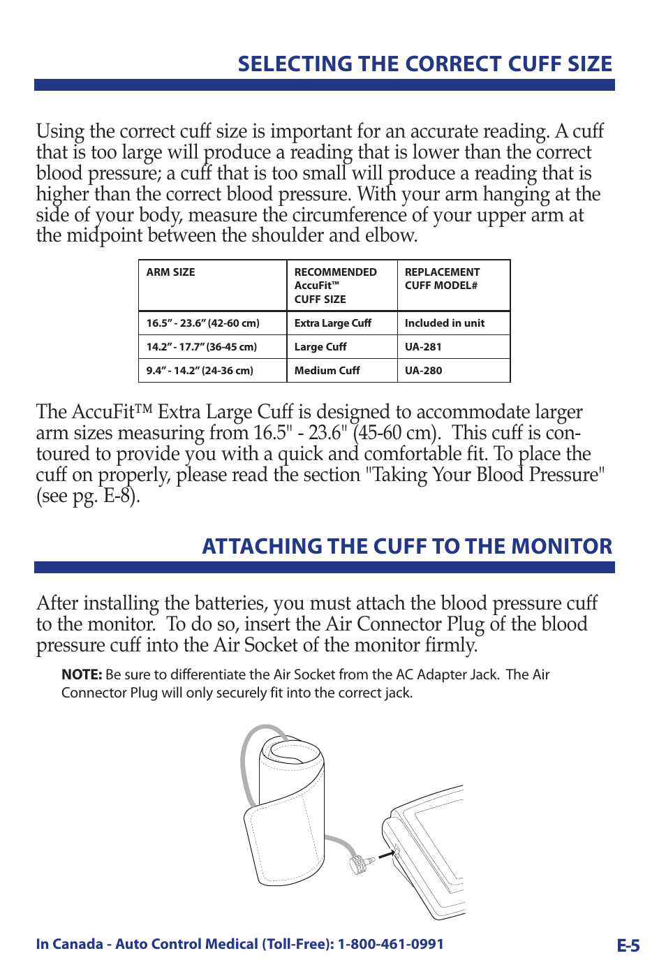 Selecting the correct cuff size, Attaching the cuff to the monitor | LifeSource UA-789 User Manual | Page 9 / 27