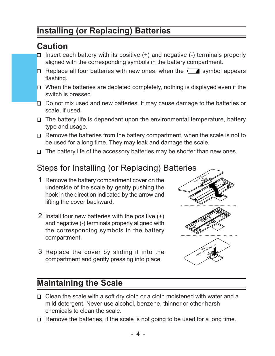 Installing (or replacing) batteries caution, Steps for installing (or replacing) batteries, Maintaining the scale | LifeSource UC-322 User Manual | Page 4 / 12