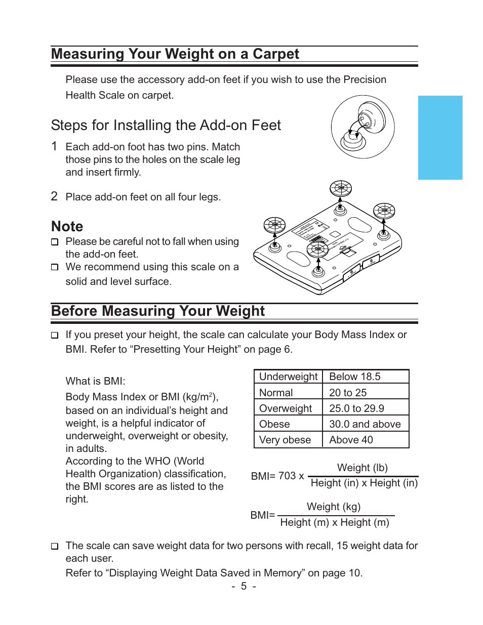 Measuring your weight on a carpet, Steps for installing the add-on feet, Before measuring your weight | LifeSource UC-322 User Manual | Page 5 / 12