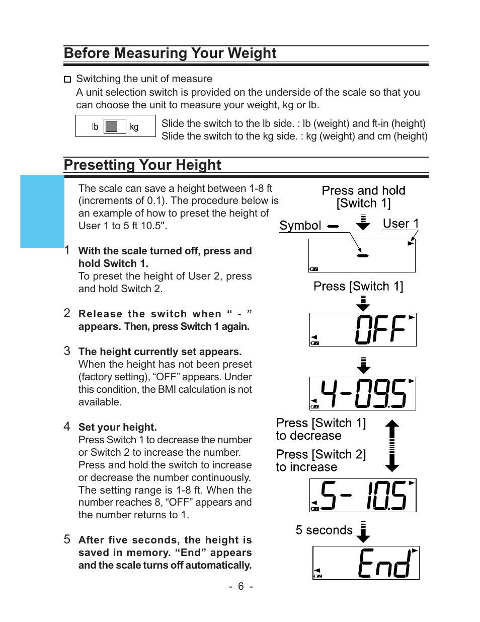 Before measuring your weight, Presetting your height | LifeSource UC-322 User Manual | Page 6 / 12