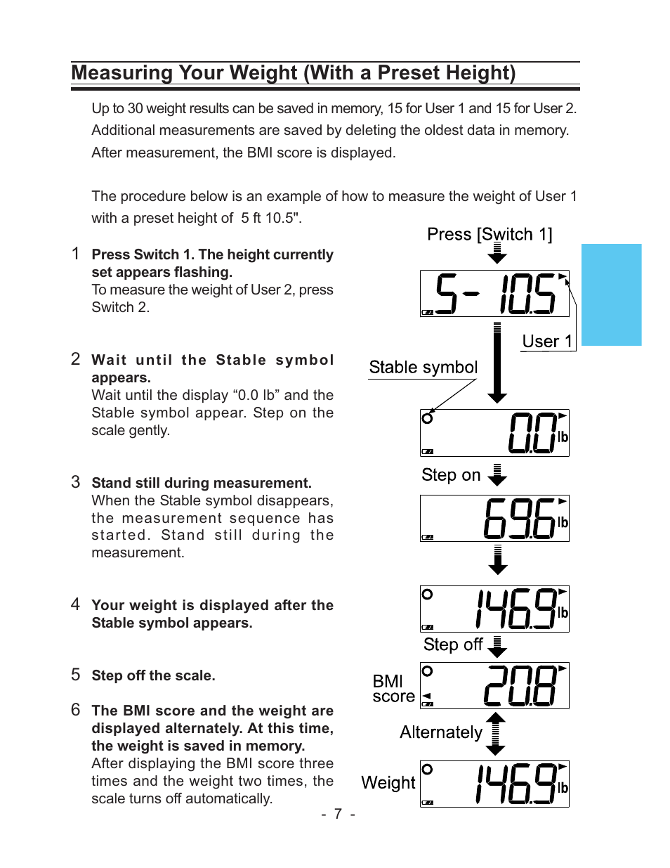 Measuring your weight (with a preset height) | LifeSource UC-322 User Manual | Page 7 / 12