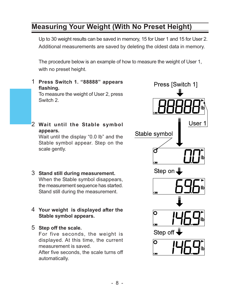 Measuring your weight (with no preset height) | LifeSource UC-322 User Manual | Page 8 / 12