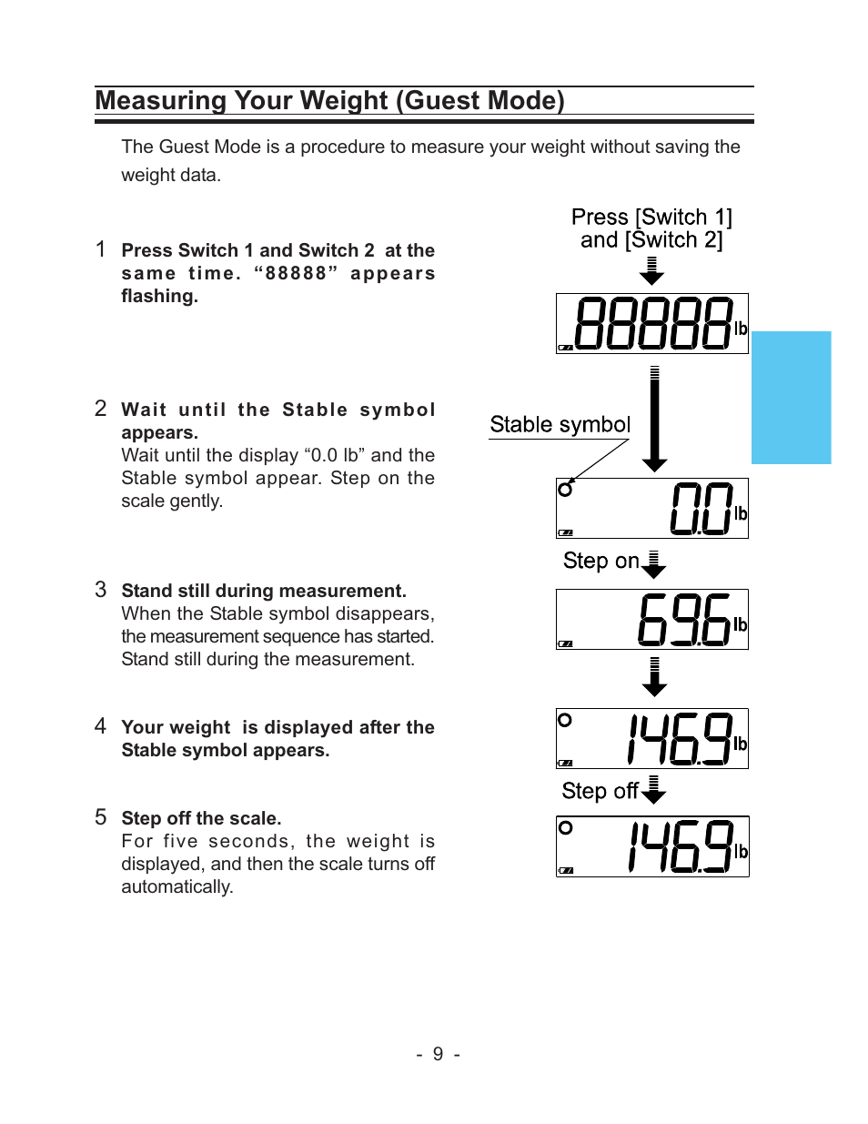 Measuring your weight (guest mode) | LifeSource UC-322 User Manual | Page 9 / 12