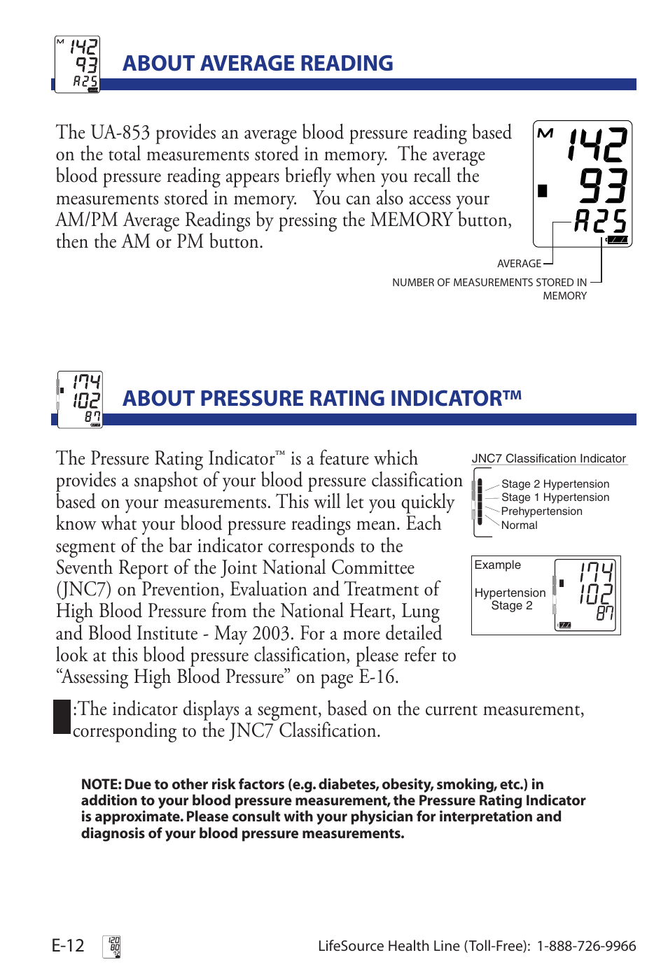 About average reading, About pressure rating indicator, E-12 | LifeSource UA-853 User Manual | Page 15 / 26
