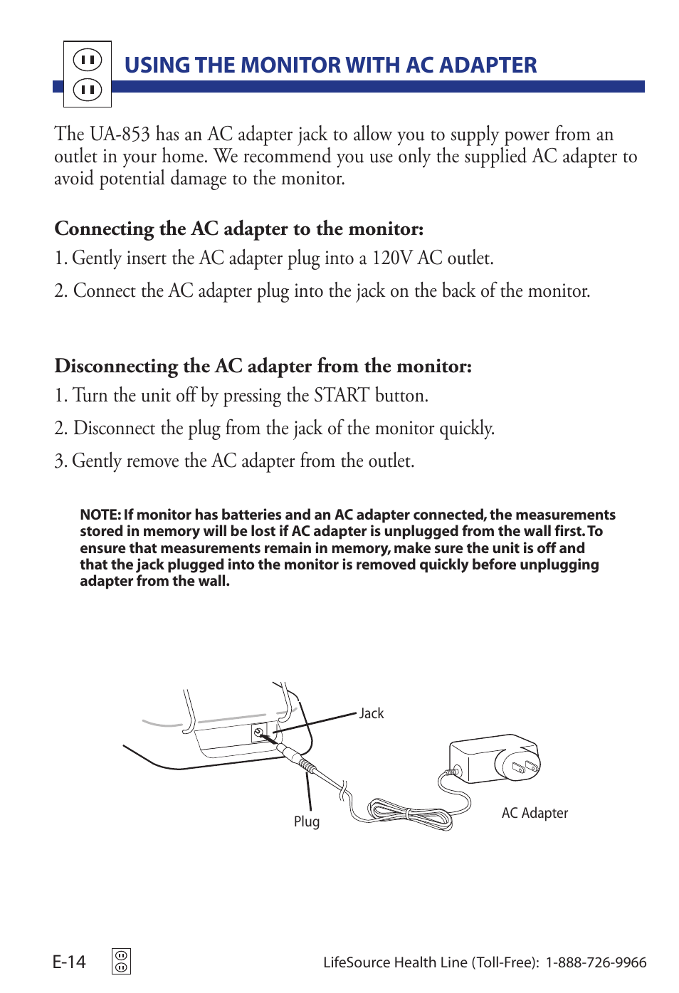 Using the monitor with ac adapter | LifeSource UA-853 User Manual | Page 17 / 26