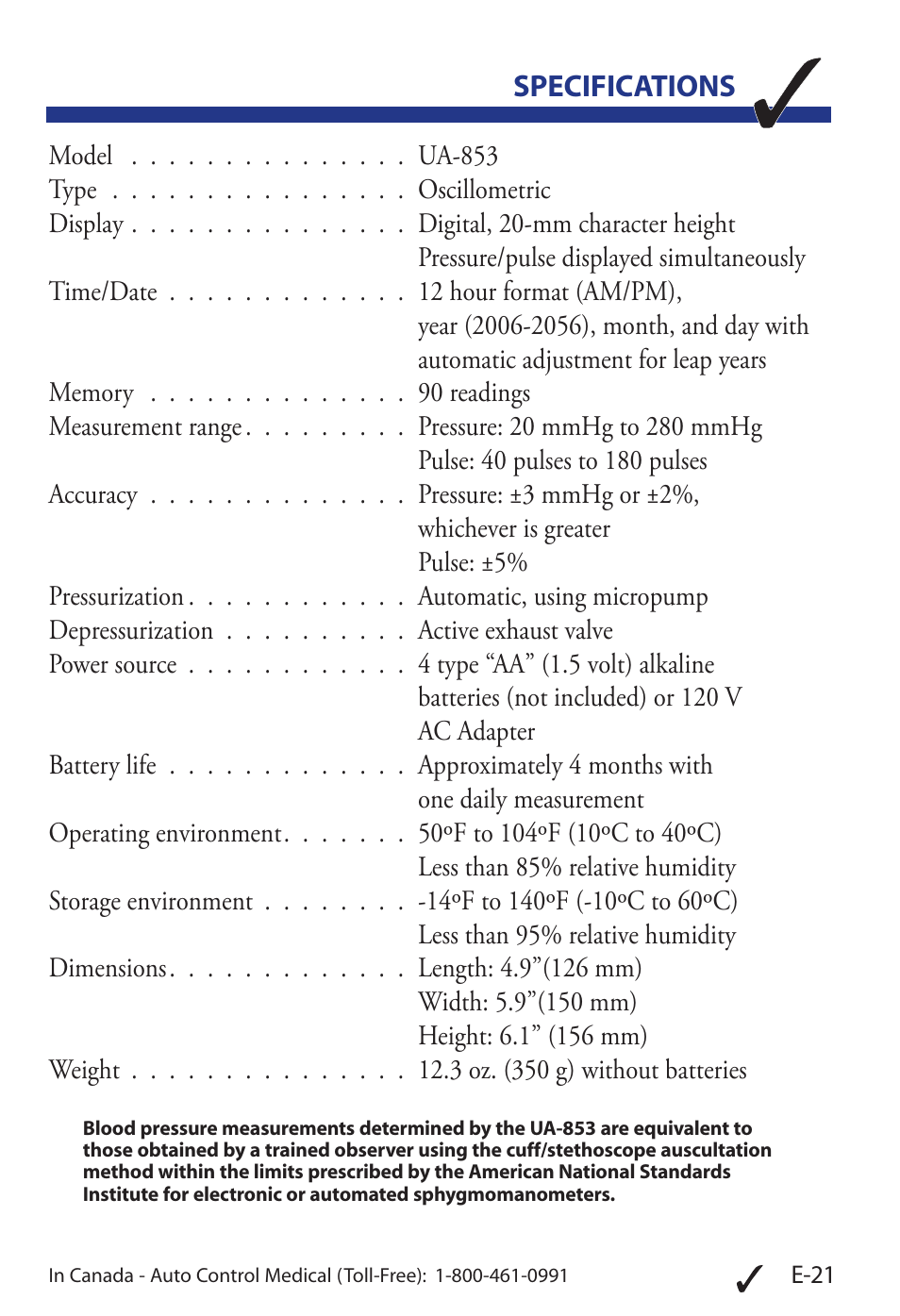 Specifications | LifeSource UA-853 User Manual | Page 24 / 26
