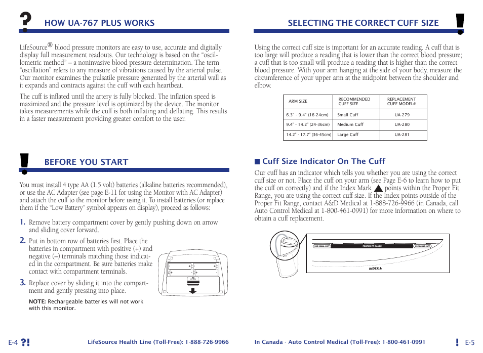 How ua-767 plus works, Before you start, Selecting the correct cuff size | LifeSource UA-767 Plus User Manual | Page 5 / 13