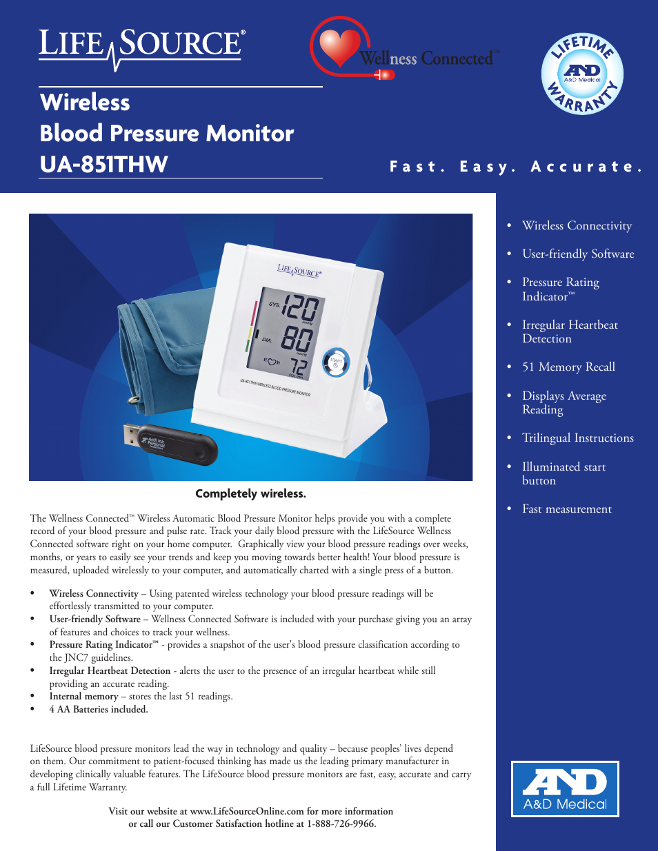 LifeSource Wireless Blood Pressure Monitor UA-851THW User Manual | 2 pages