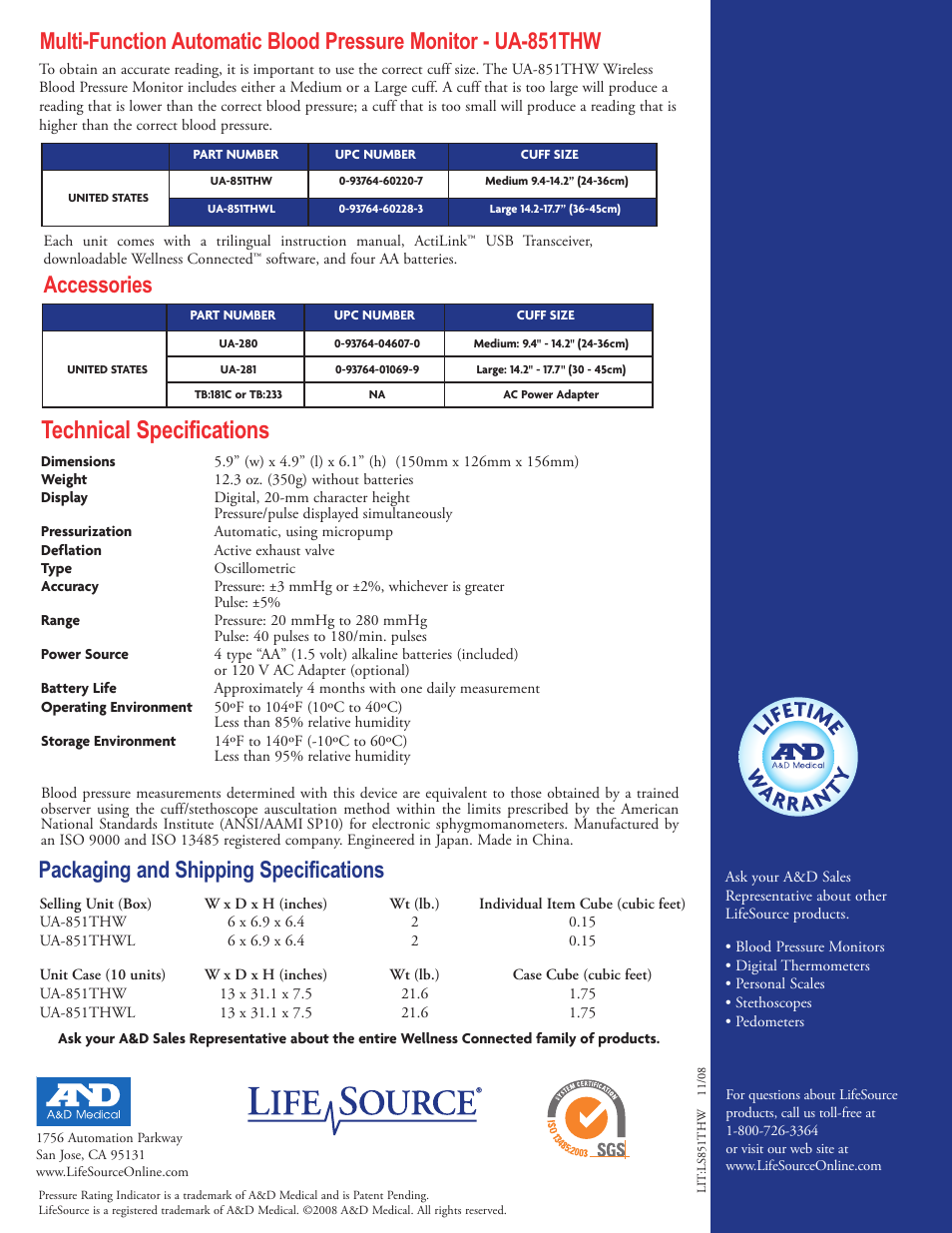 Technical specifications, Packaging and shipping specifications, Accessories | LifeSource Wireless Blood Pressure Monitor UA-851THW User Manual | Page 2 / 2