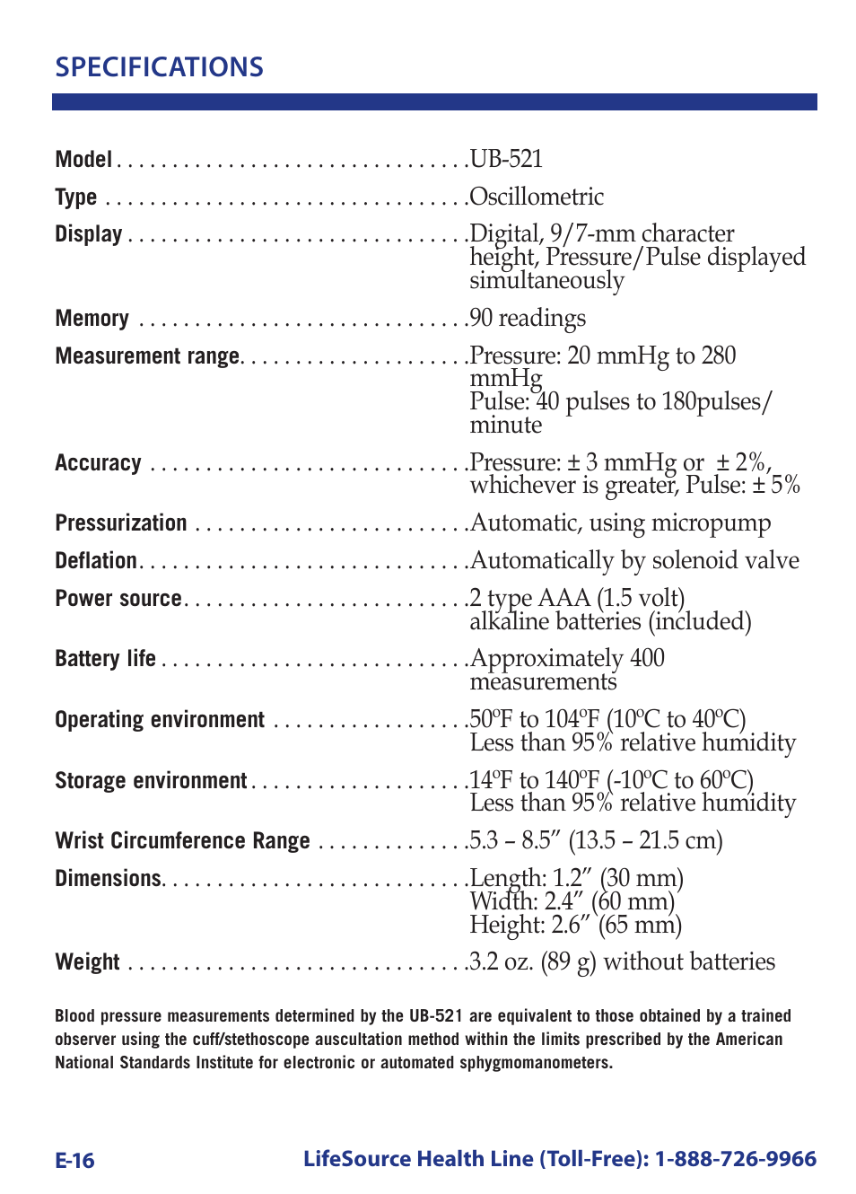Specifications | LifeSource Bilingual Instruction Guide UB-521 User Manual | Page 20 / 48