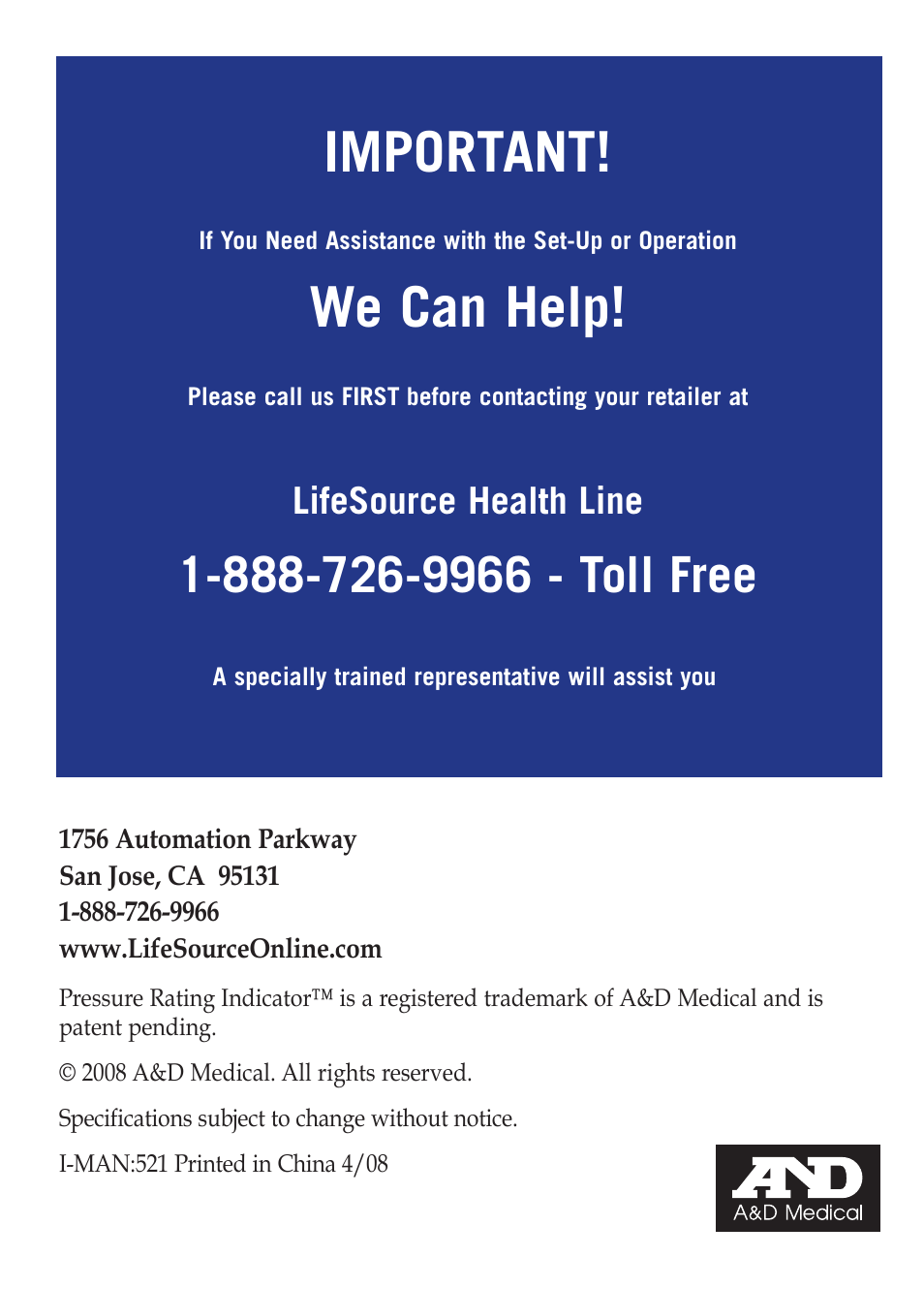 Important, We can help, Lifesource health line | LifeSource Bilingual Instruction Guide UB-521 User Manual | Page 22 / 48
