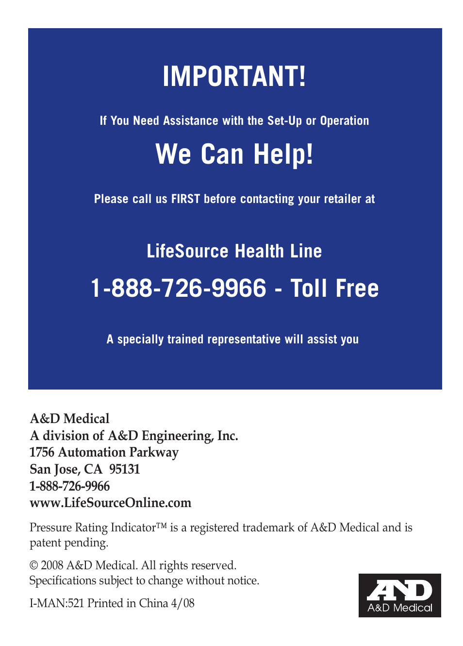 Important, We can help, Lifesource health line | LifeSource Bilingual Instruction Guide UB-521 User Manual | Page 48 / 48