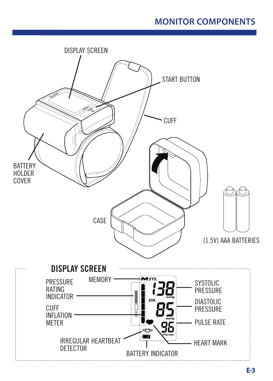 Monitor components, Display screen | LifeSource Bilingual Instruction Guide UB-521 User Manual | Page 7 / 48