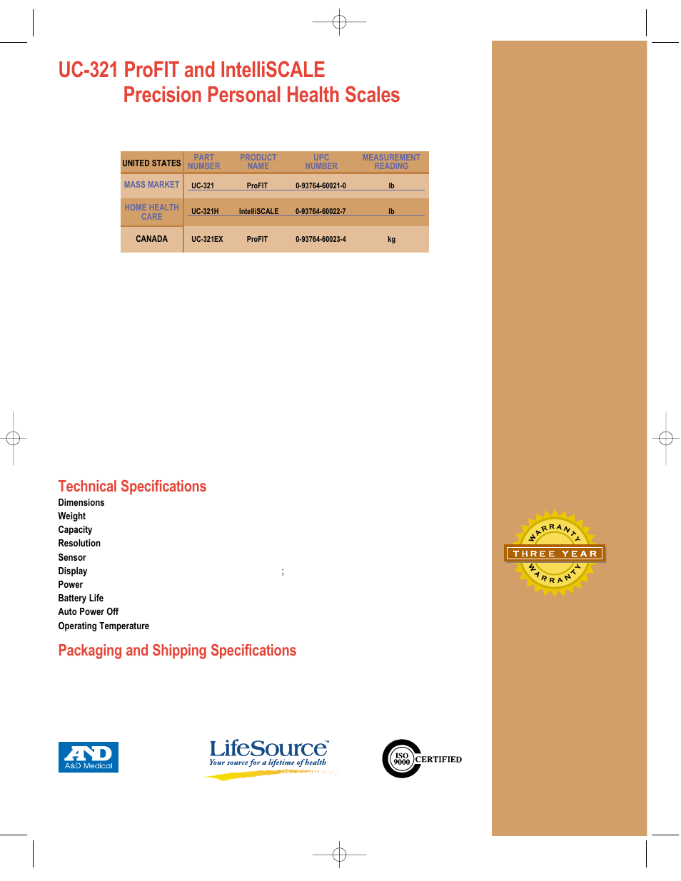 Packaging and shipping specifications, Technical specifications | LifeSource UC-321 User Manual | Page 2 / 2