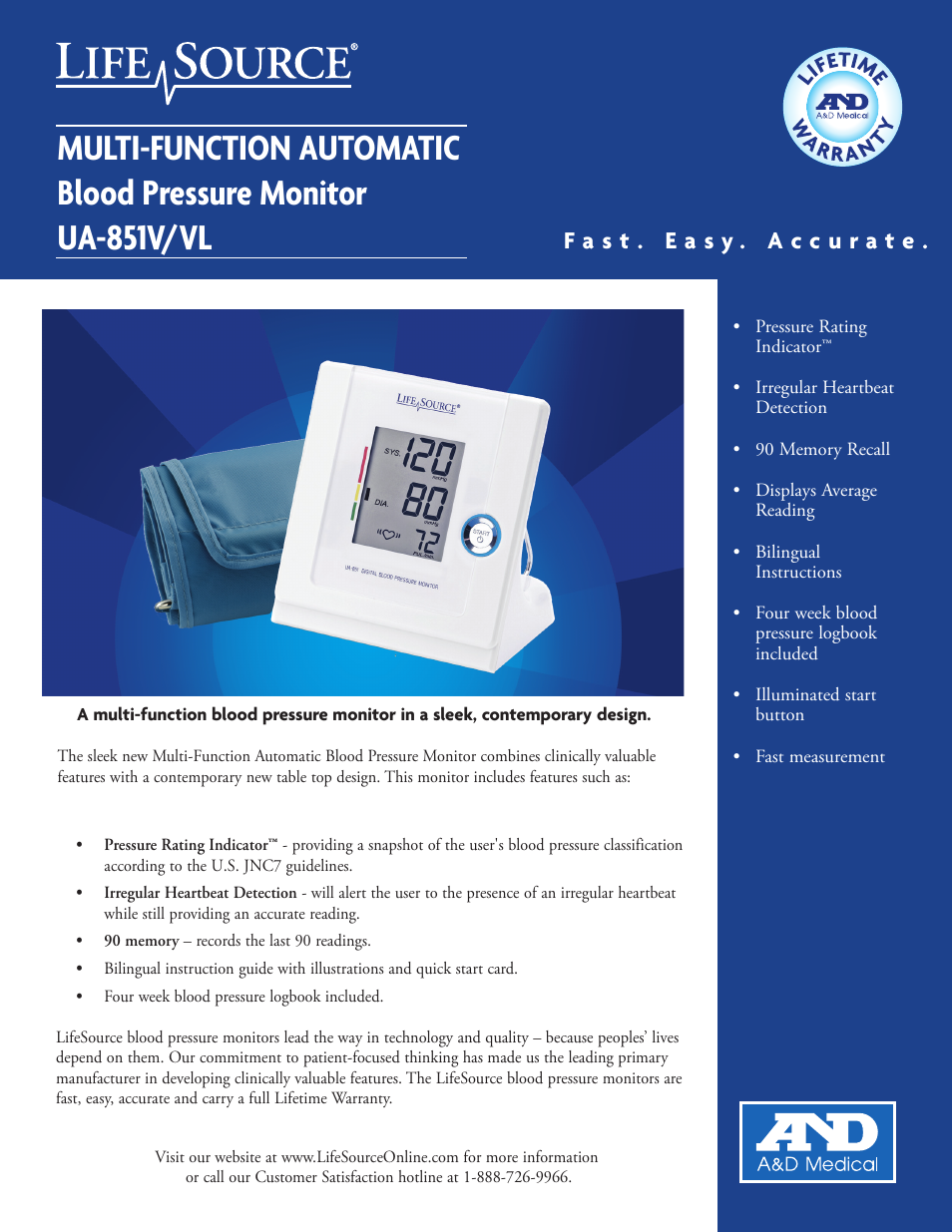 LifeSource Life Source Multi-Function Automatic Blood Pressure Monitor UA-851/V/VL User Manual | 2 pages