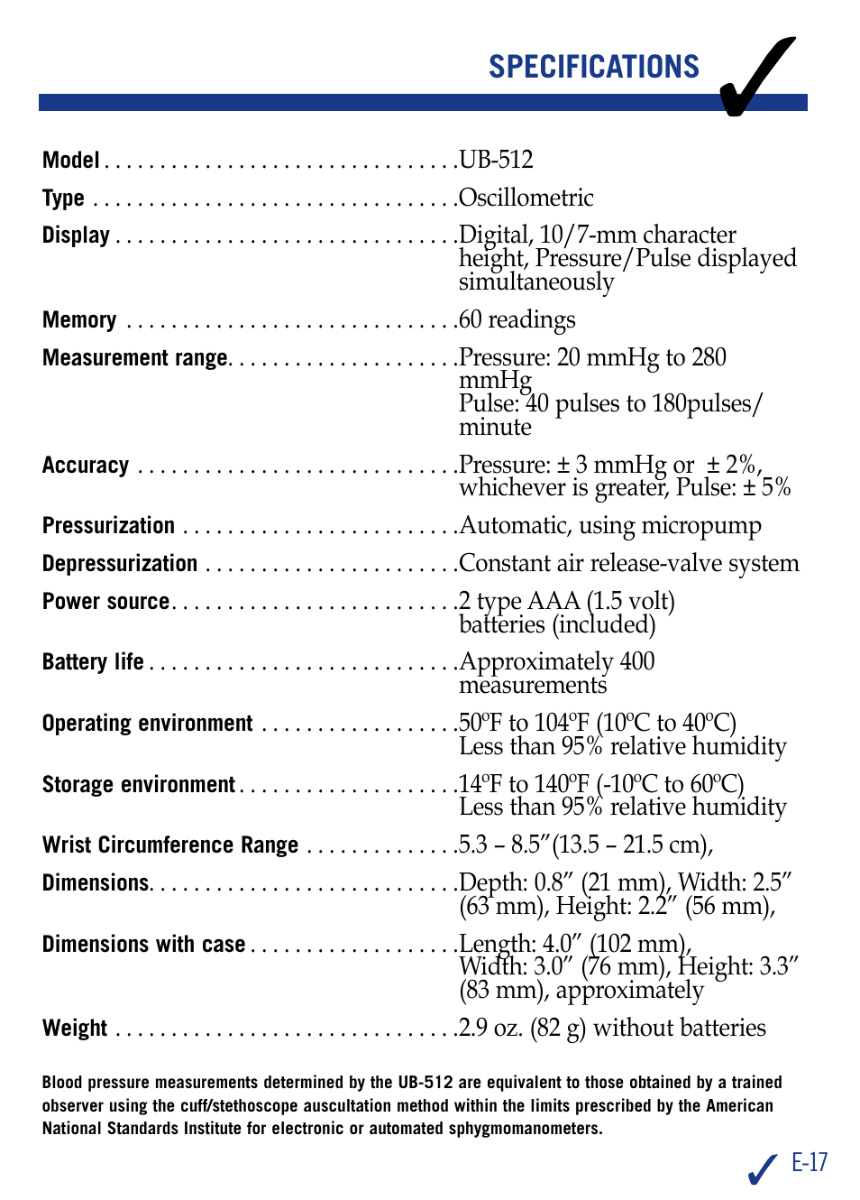 Specifications | LifeSource ADVANCE MEMORY WRIST UB512 User Manual | Page 20 / 22