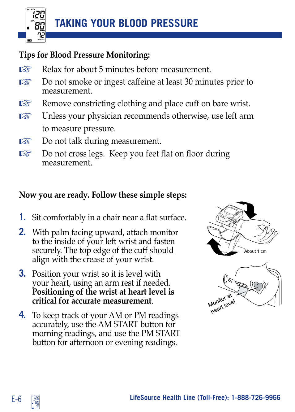 Taking your blood pressure | LifeSource ADVANCE MEMORY WRIST UB512 User Manual | Page 9 / 22