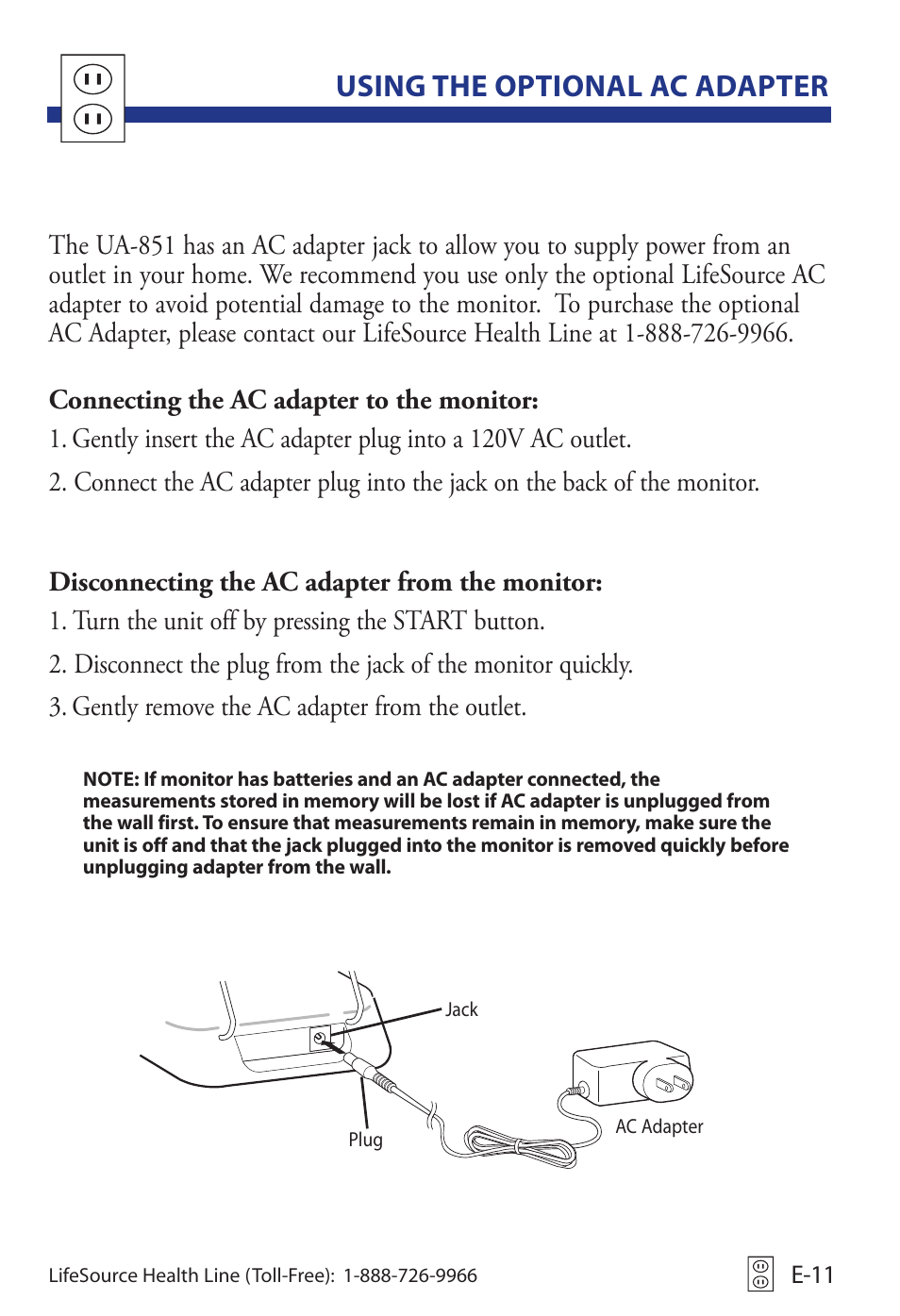Using the optional ac adapter | LifeSource Life Source Blood Pressure Monitor UA-851 User Manual | Page 15 / 52