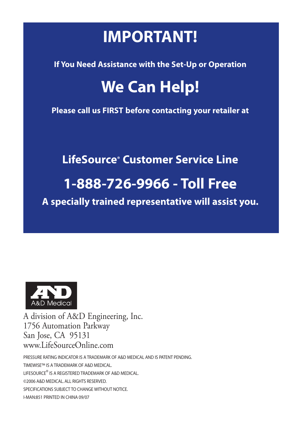 Important, We can help, Lifesource | Customer service line | LifeSource Life Source Blood Pressure Monitor UA-851 User Manual | Page 24 / 52
