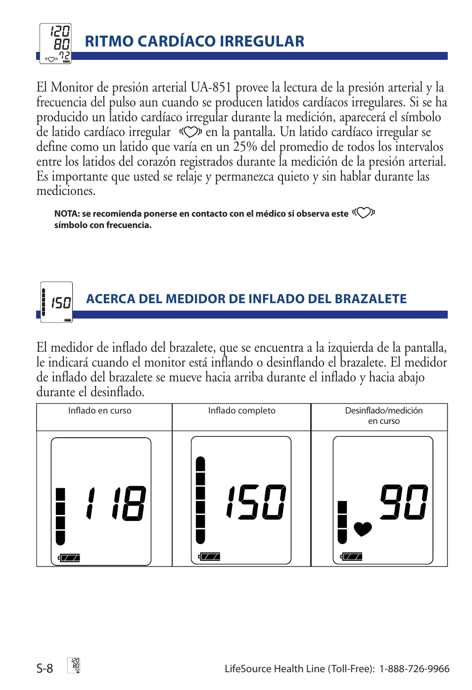 Ritmo cardíaco irregular, Err cuf p-3, Acerca del medidor de inflado del brazalete | LifeSource Life Source Blood Pressure Monitor UA-851 User Manual | Page 36 / 52