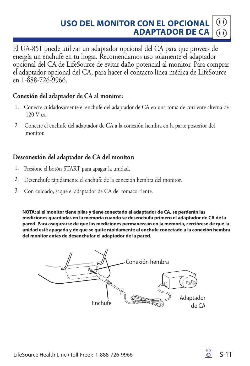 Uso del monitor con el opcional adaptador de ca | LifeSource Life Source Blood Pressure Monitor UA-851 User Manual | Page 39 / 52