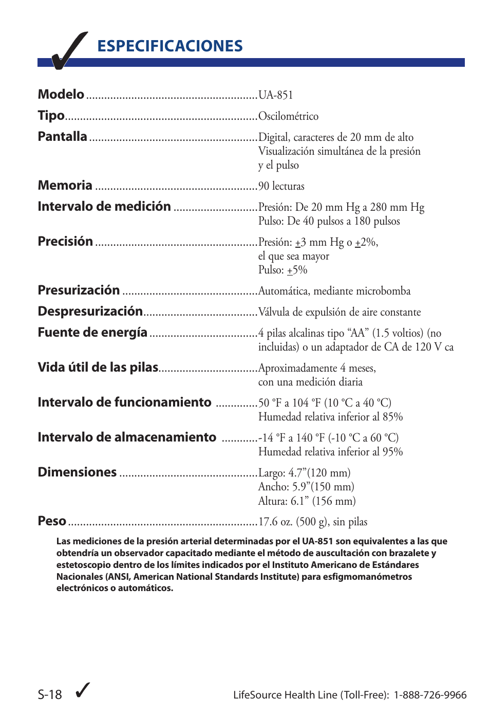 Especificaciones | LifeSource Life Source Blood Pressure Monitor UA-851 User Manual | Page 46 / 52