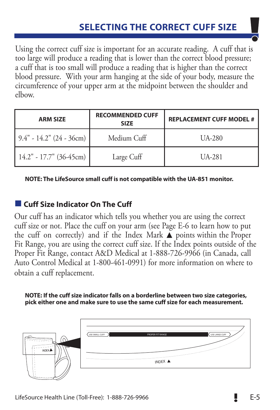 Selecting the correct cuff size | LifeSource Life Source Blood Pressure Monitor UA-851 User Manual | Page 9 / 52