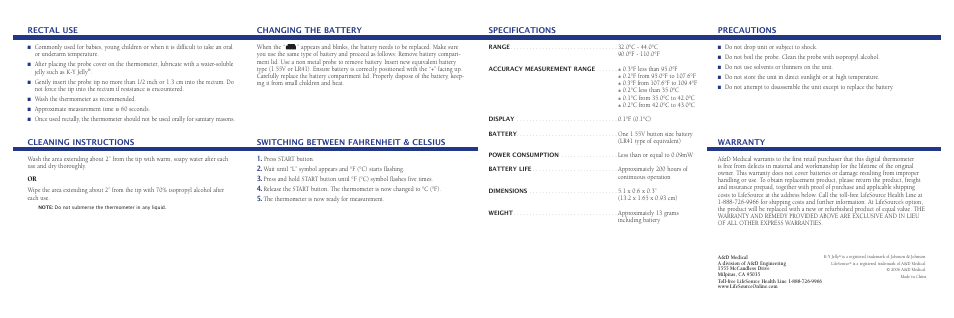 Changing the battery, Switching between fahrenheit & celsius, Precautions | Rectal use, Cleaning instructions, Warranty, Specifications | LifeSource DT-607 User Manual | Page 5 / 8