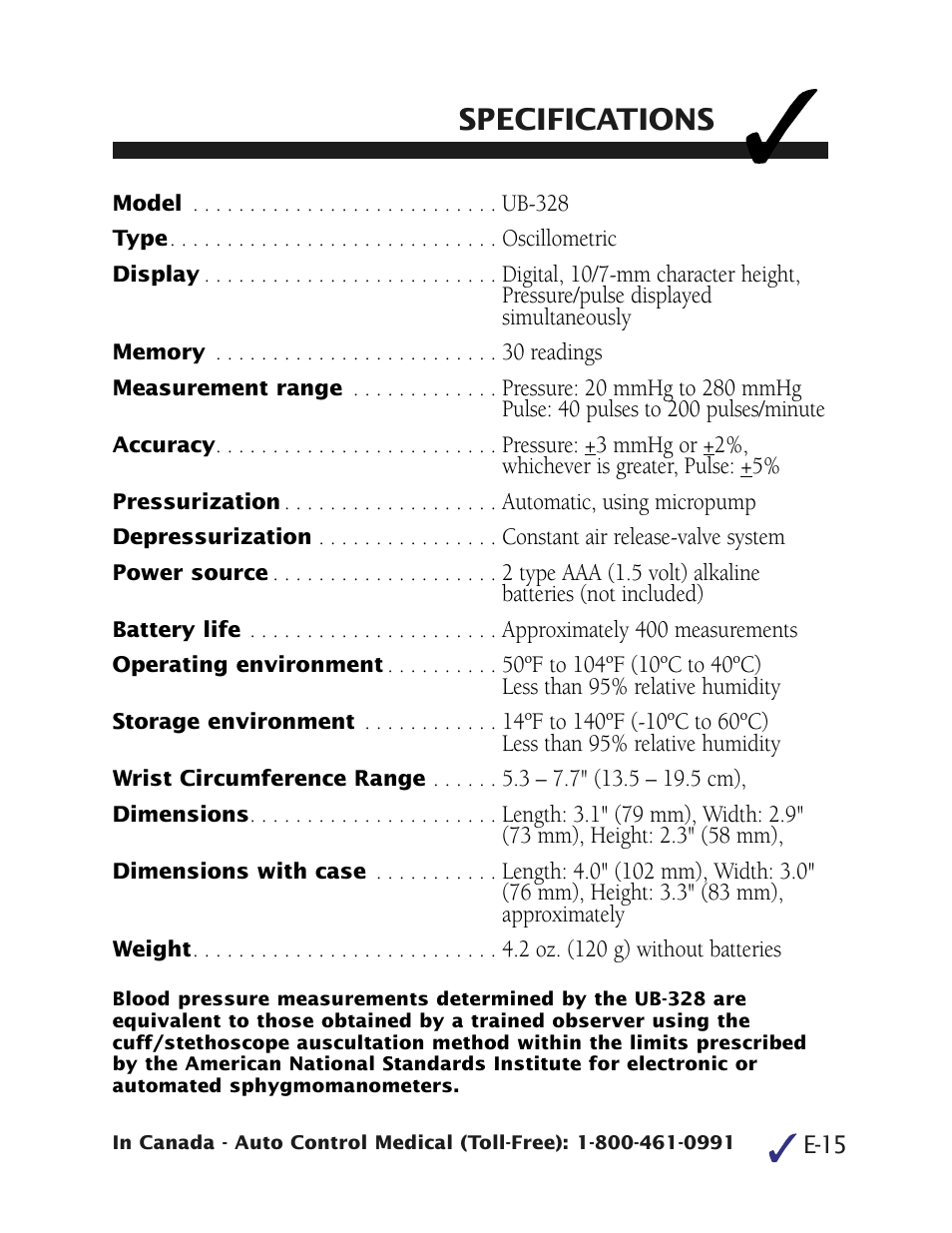 Specifications | LifeSource UB-328 User Manual | Page 18 / 20