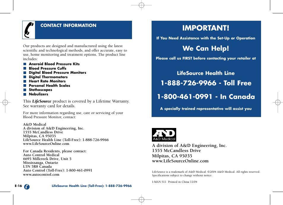 Important, We can help | LifeSource UB-511 User Manual | Page 11 / 11