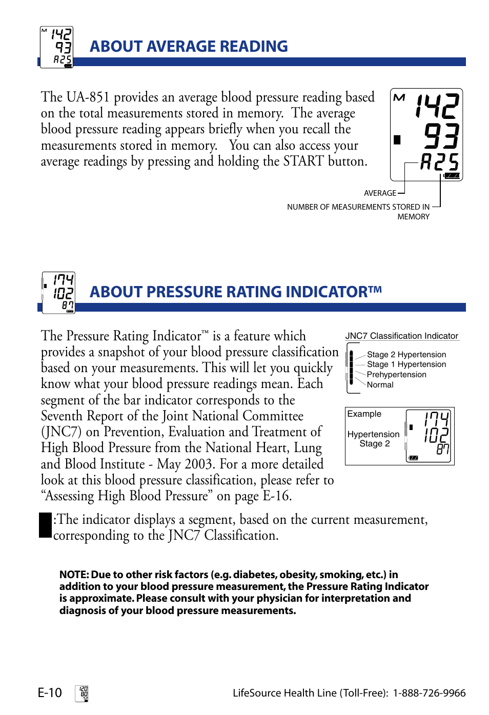 About average reading, About pressure rating indicator, E-10 | LifeSource UA-851 User Manual | Page 13 / 27