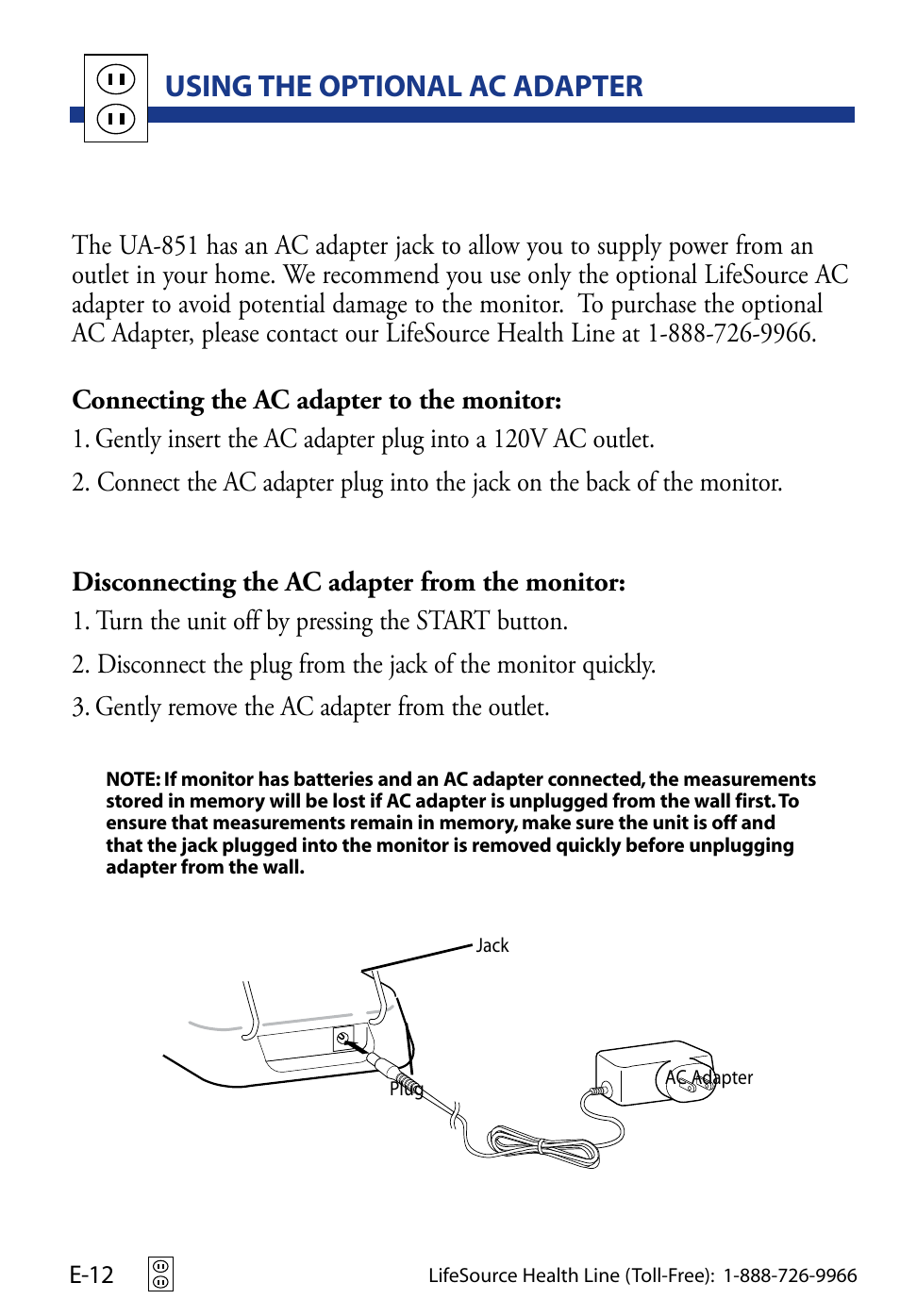 Using the optional ac adapter | LifeSource UA-851 User Manual | Page 15 / 27