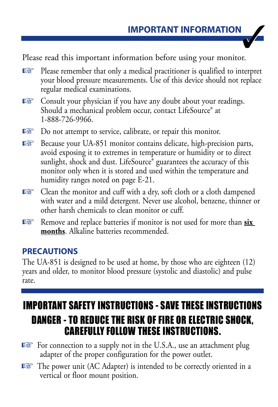 LifeSource UA-851 User Manual | Page 2 / 27