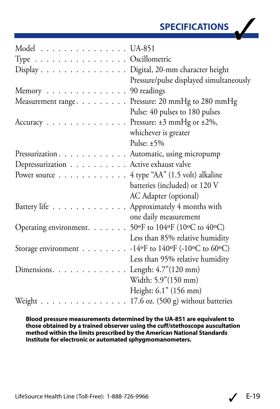Specifications | LifeSource UA-851 User Manual | Page 22 / 27
