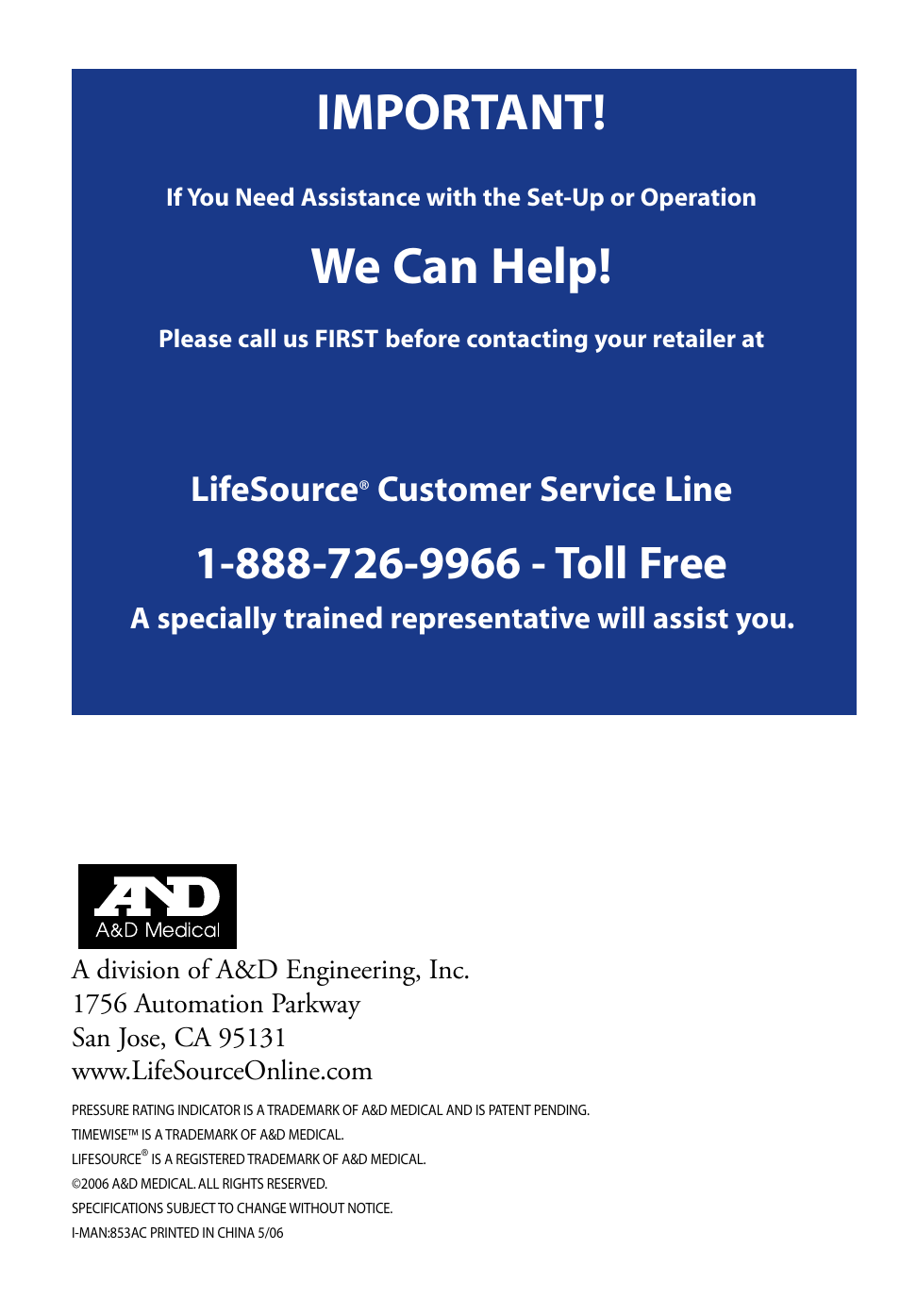 Important, We can help, Lifesource | Customer service line | LifeSource UA-851 User Manual | Page 27 / 27