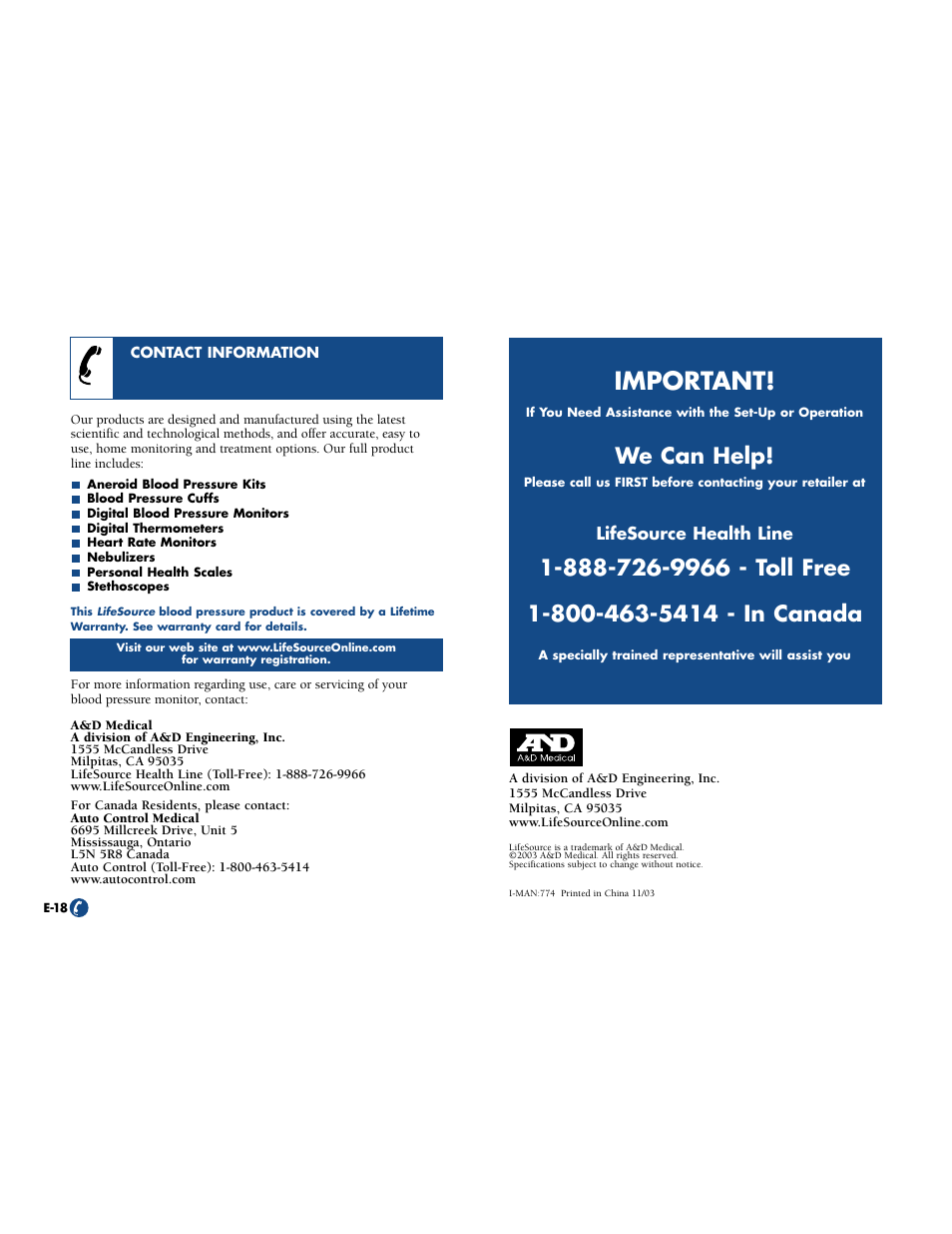 Important, We can help, Lifesource health line | LifeSource UA-774 User Manual | Page 11 / 11