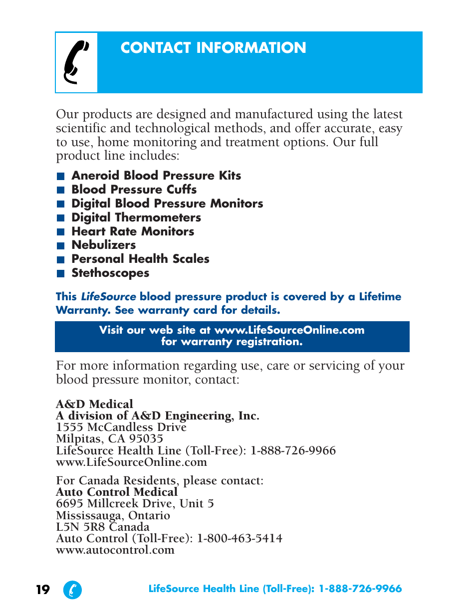 Contact information | LifeSource UA-702 User Manual | Page 19 / 20