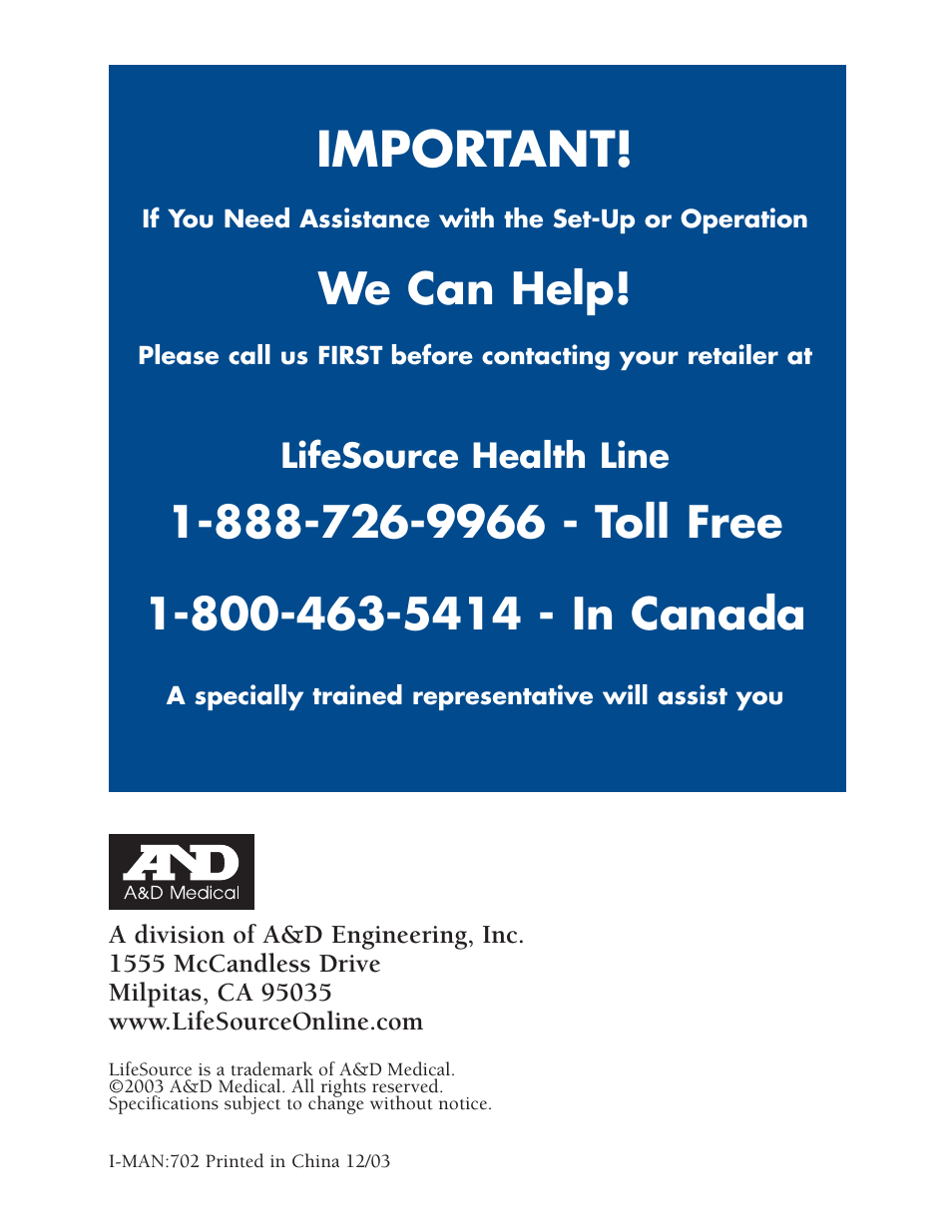 Important, We can help, Lifesource health line | LifeSource UA-702 User Manual | Page 20 / 20