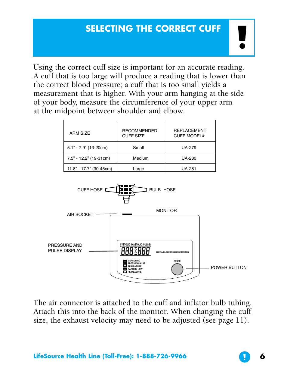 Selecting the correct cuff | LifeSource UA-702 User Manual | Page 6 / 20