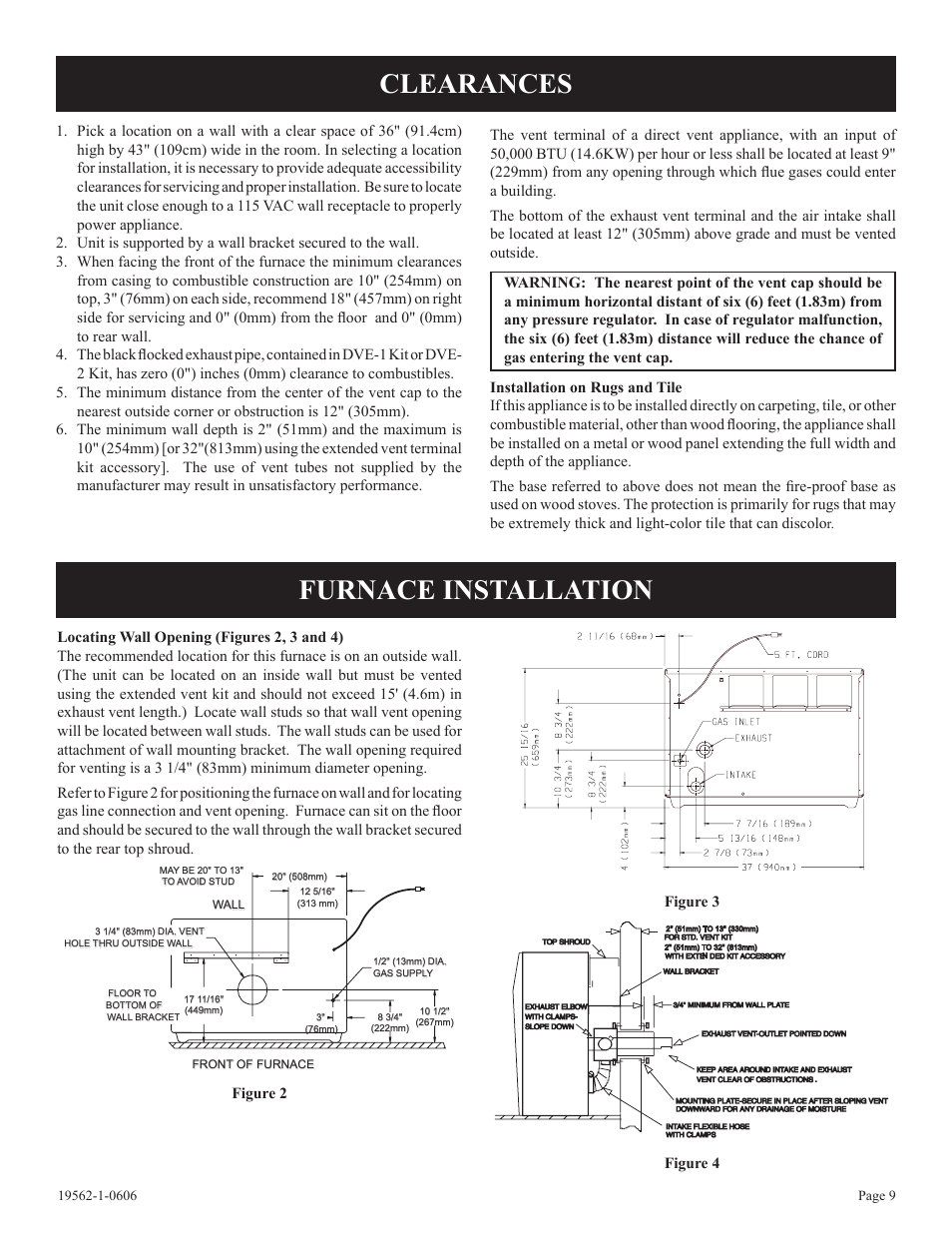 Clearances furnace installation | Langley/Empire DV-40E-5 User Manual | Page 9 / 20